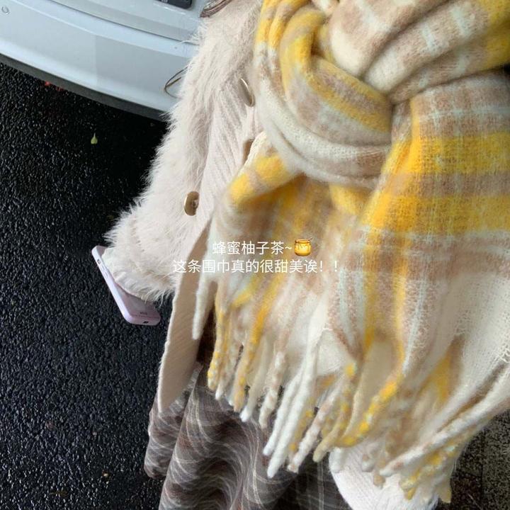 【吖比】蜂蜜柚子茶奶油黄格子围巾女马海毛冬季加厚保暖围脖韩版