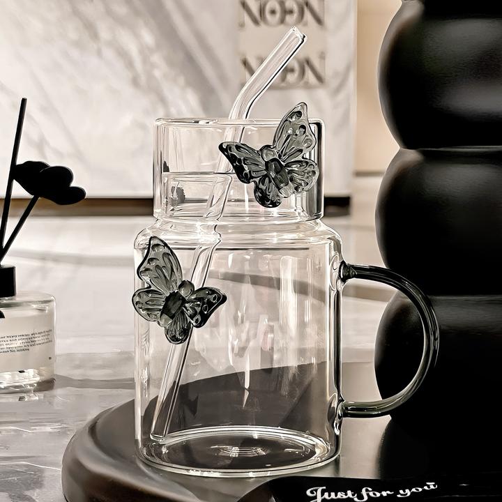 BSD高颜值玻璃杯家用耐高温带盖带把手吸管情侣水杯喝水杯牛奶杯