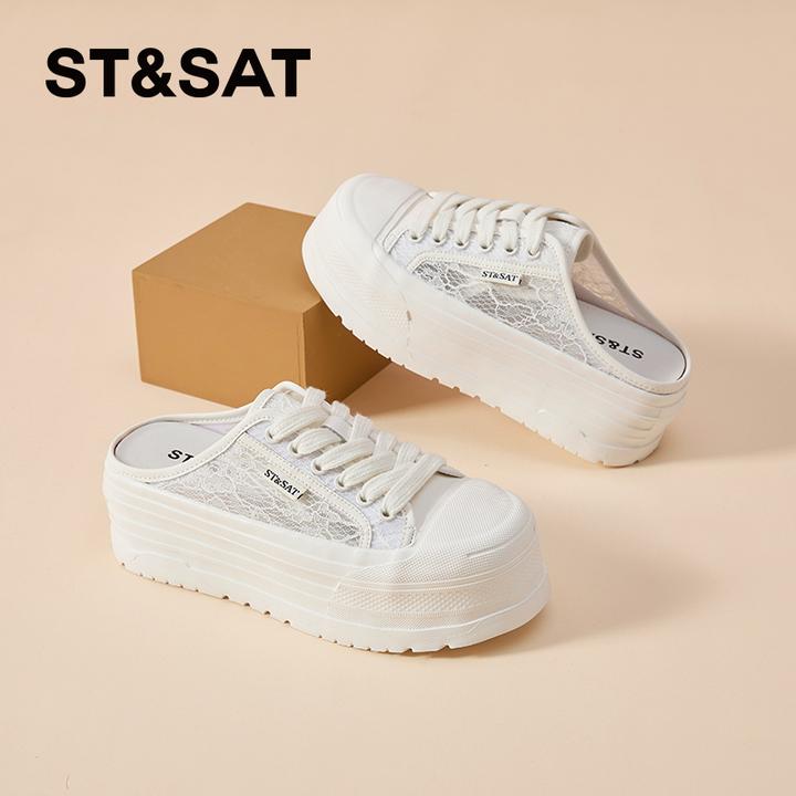 星期六蕾丝包头拖女士夏季外穿时尚厚底增高凉拖懒人一脚蹬半拖鞋