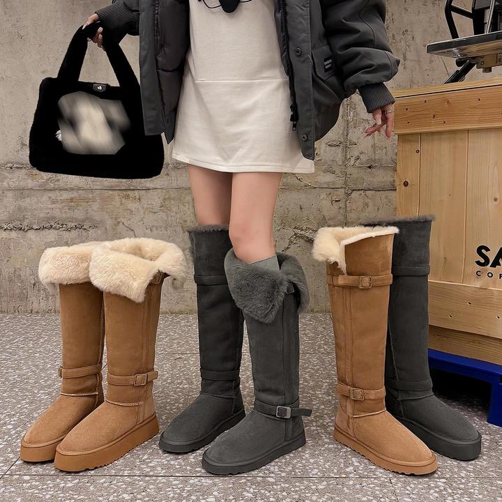 雪地靴女2025新款爆款厚底皮带扣加绒骑士靴百搭巨好看过膝长筒靴