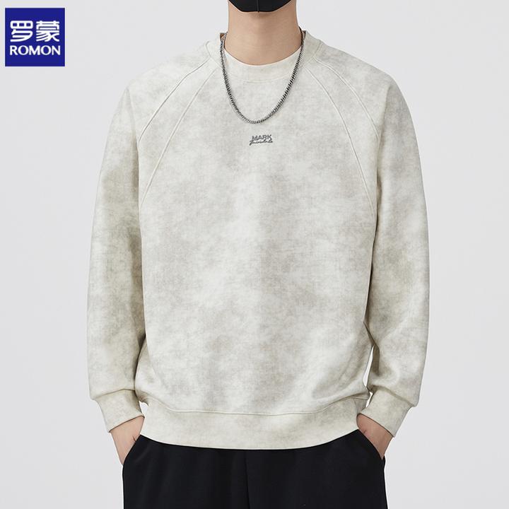 罗蒙卫衣男秋款美式潮牌款扎染无帽打底衫宽松圆领长袖T恤秋装