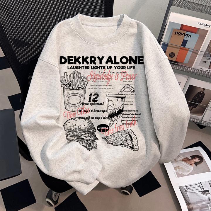 Dekkry美式设计感汉堡薯条字母印花秋冬纯棉长袖t恤男女百搭上衣