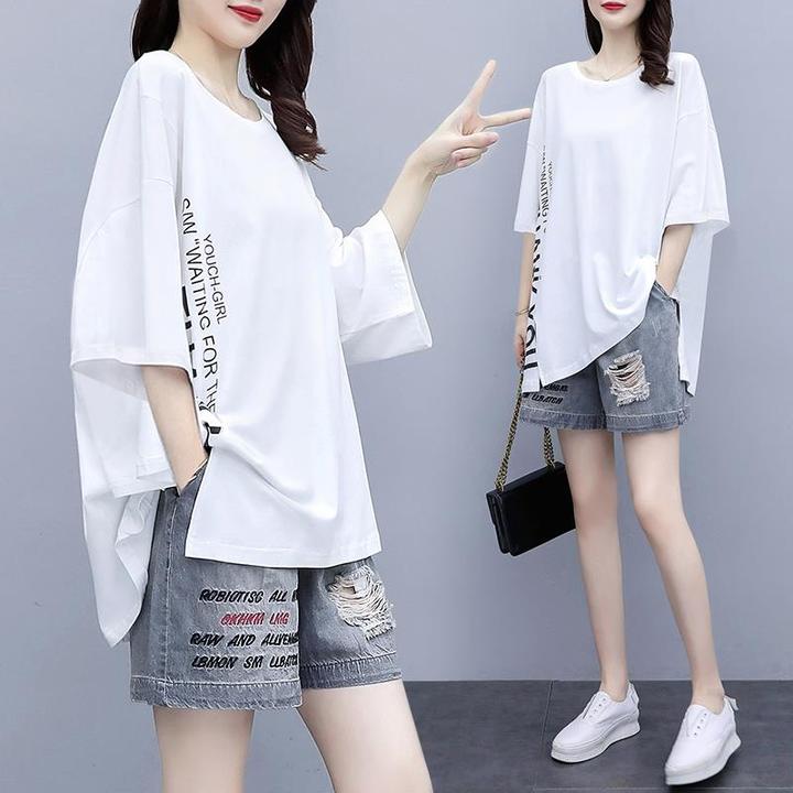2024夏新款宽松显瘦休闲时尚套装女短袖t恤搭配牛仔短裤两件整套