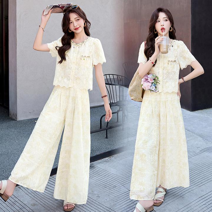 法式小香风刺绣蕾丝套装女2025夏季新款时尚亮片拼接阔腿裤两件套