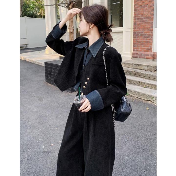 法式复古高级感上衣长裤两件套春秋季新款女气质阔腿裤假两件套装