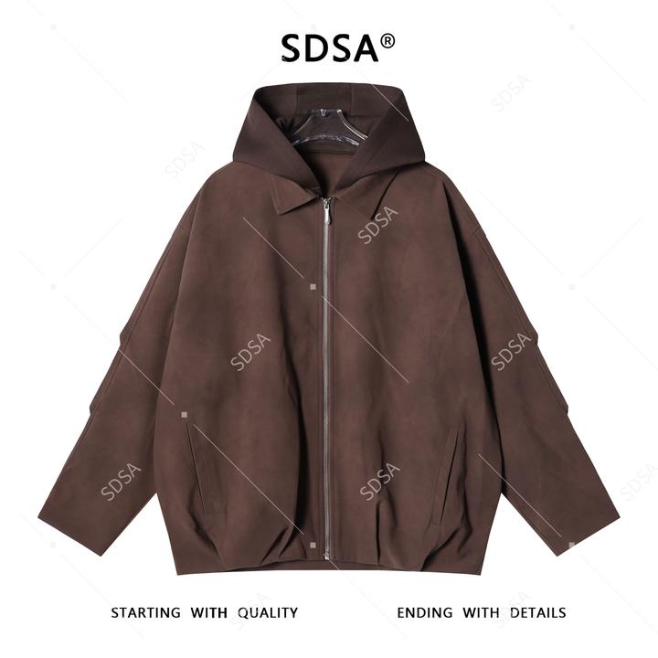 SDSA秋冬新款痞帅男装扎染褶皱拼接翻领连帽假两件夹克外套百搭