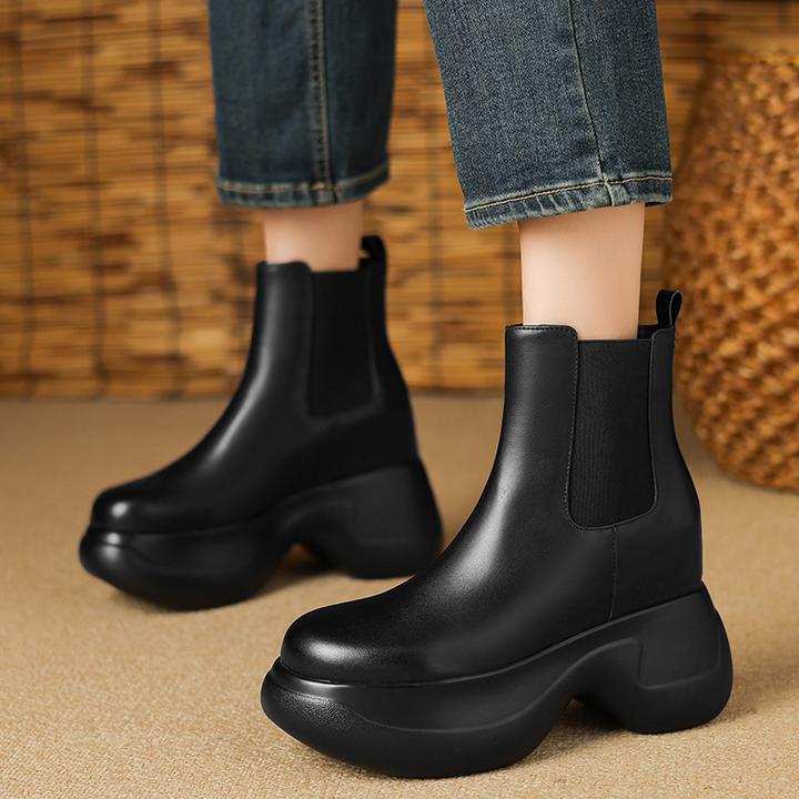 11cm内增高厚底切尔西靴子女小个子百搭小短靴真皮坡跟圆头烟筒靴