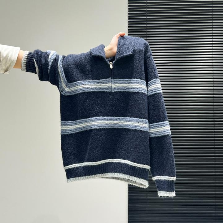 2026冬季韩系Polo领条纹加厚保暖毛衣女新款慵懒软糯针织衫