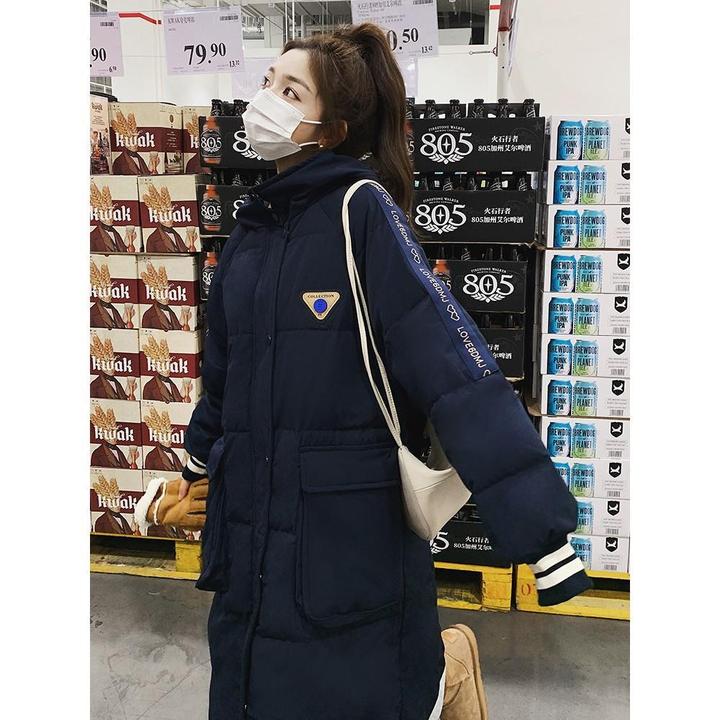 学院风爆款深蓝色长款羽绒服女款2025年冬季新款韩版时尚加厚外套