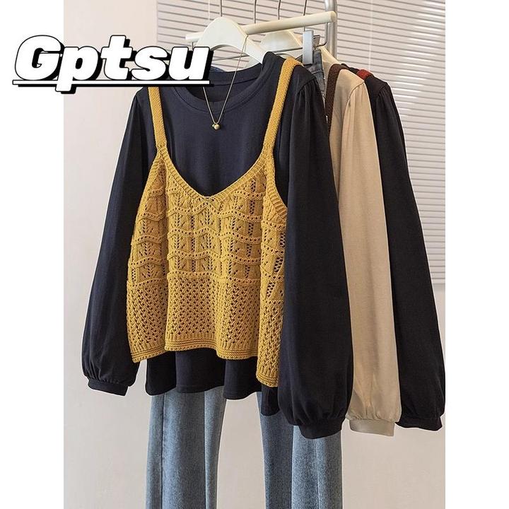 GPTSu大码女装早秋季穿搭韩系针织衫马甲背心外搭长袖衬衫两件套