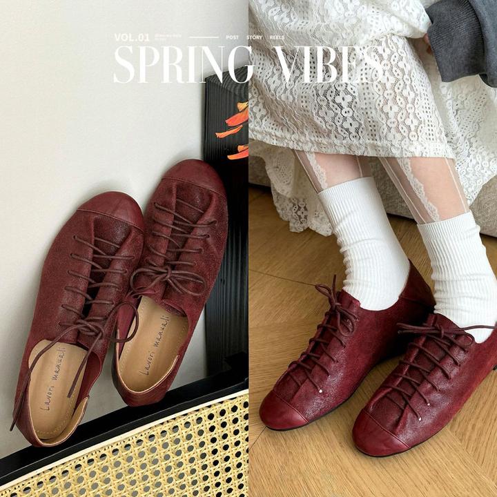 纯手工牛皮舒适单鞋女圆头百搭文艺复古红色系带牛津鞋深口豆豆鞋