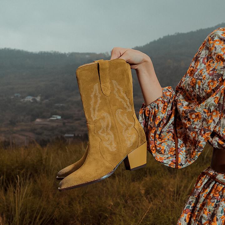 真皮刺绣粗跟西部牛仔靴女2025新款秋季中筒高跟骑士靴子