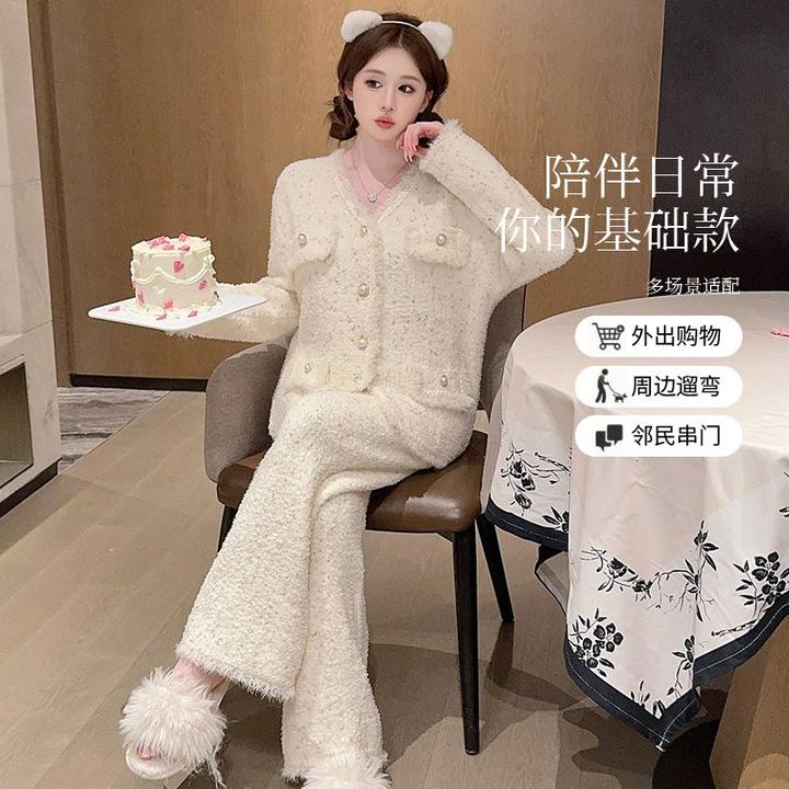 女士秋冬季小香风半边绒睡衣保暖加厚软绵绵长袖家居服可外穿套装
