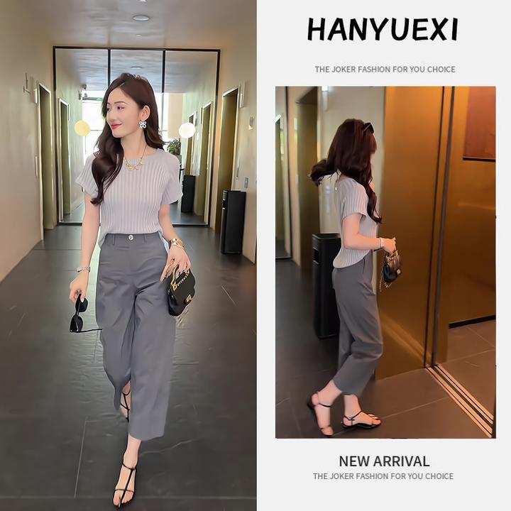 夏季一整套女装2025年新款韩版减龄遮肚时尚短袖上衣休闲裤两件套