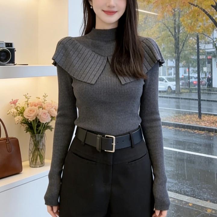 法式荷叶边半高领内搭针织衫女2025秋冬季新款修身打底毛衣L7730B