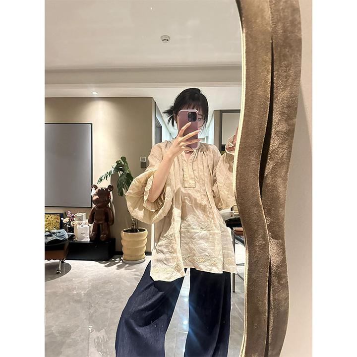 老钱风休闲百搭设计感宽松小众长袖上衣高腰垂感阔腿裤直筒短裤女