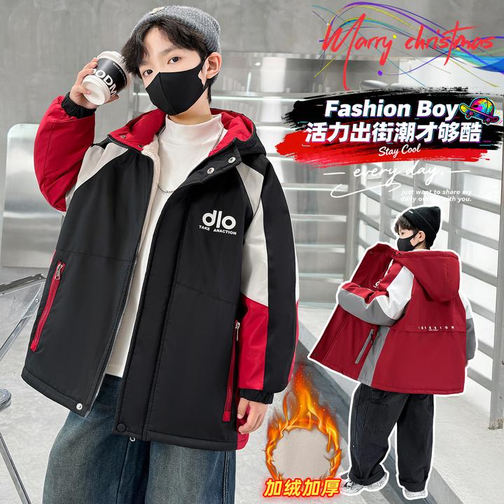 男童春秋冬款外套中大男孩儿童帅气加绒加厚冲锋风衣派克服冬季潮
