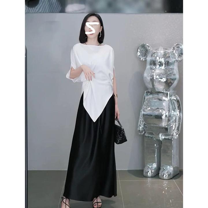 大码女装不规则短袖上衣半身裙两件套女胖mm仿醋酸遮跨裙套装2561