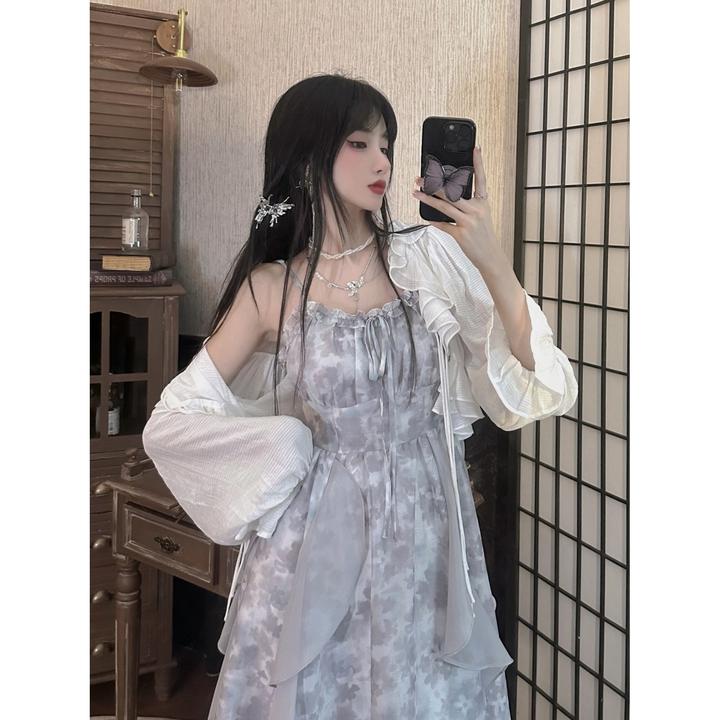 法式套装温柔扎染吊带连衣裙清冷感仙女裙+百搭绑