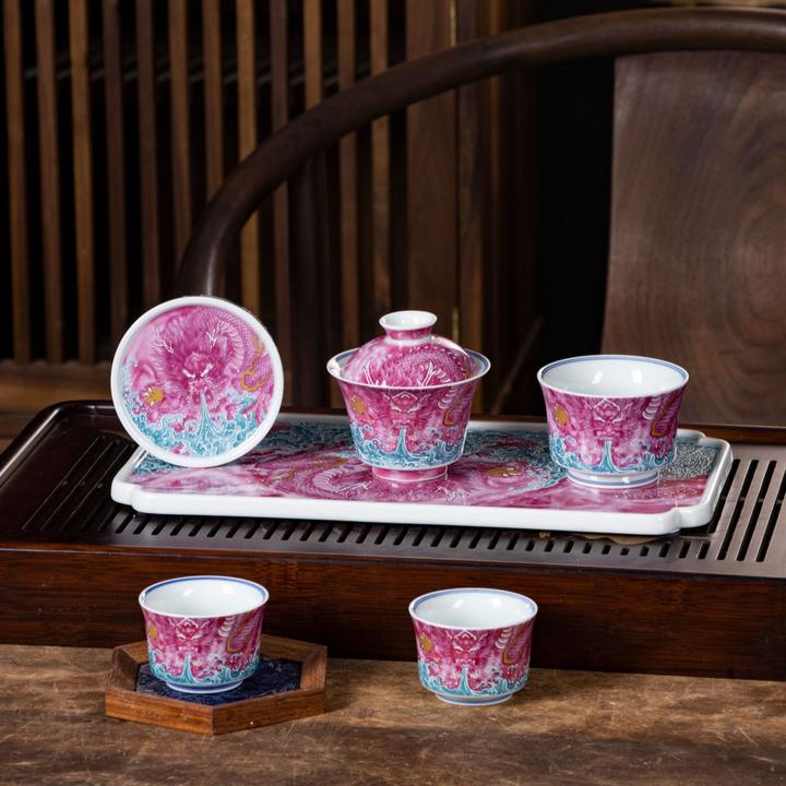景德镇粉彩胭脂红龙茶盘套组 泡台 摆件 景德镇陶瓷