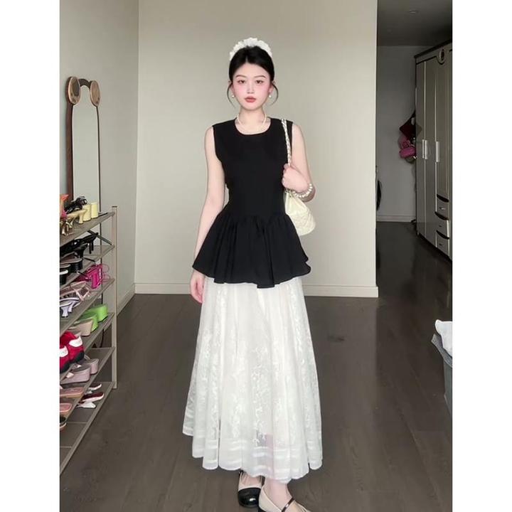 2025夏季新款女韩系穿搭圆领无袖裙摆上衣高腰显瘦蕾丝A字半身裙