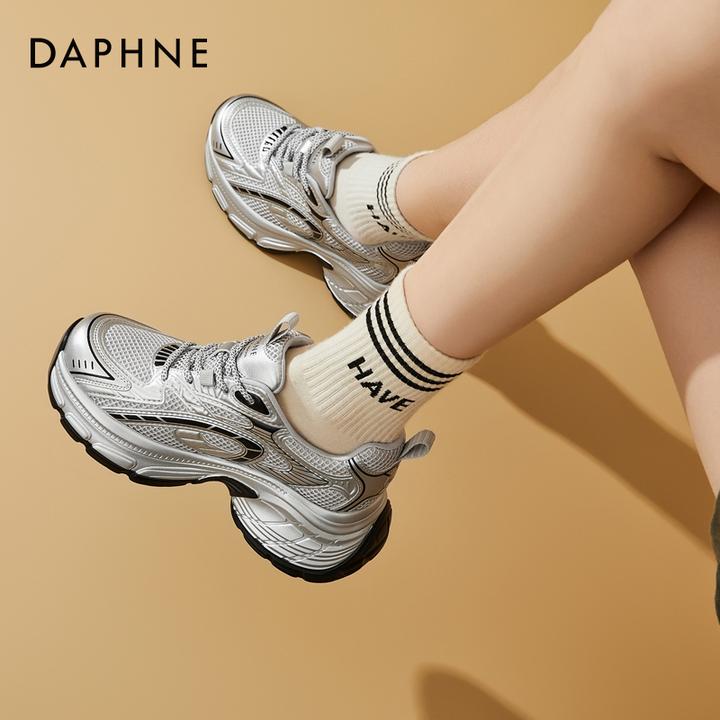 达芙妮网红爆款厚底松糕老爹鞋女2025夏季透气女鞋银色增高运动鞋