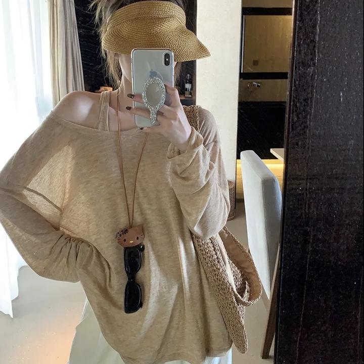 2025春防晒真两件慵懒风工字背心微透宽松长袖上衣女温柔气质上衣