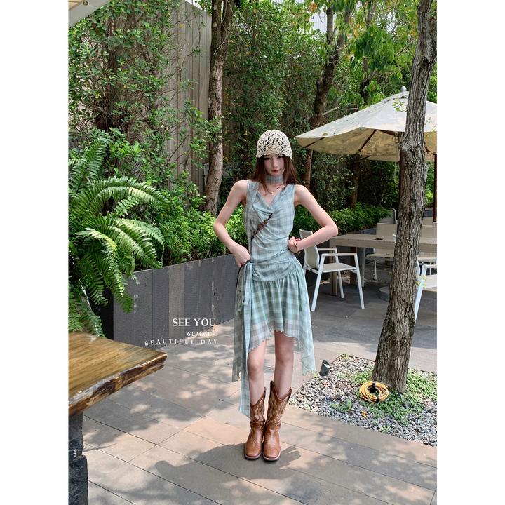 【SEE YOU】韩系纯欲气质格纹挂脖显瘦不规则连衣裙(配飘带)