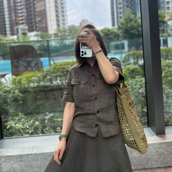 COCOLINDA  |  100%亚麻军绿色法式短袖衬衫上衣K3313