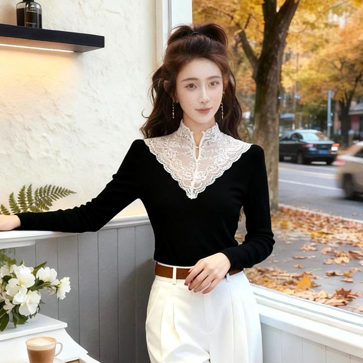 韩版半高领长袖T恤女秋冬小众设计修身显瘦时髦洋气拼接蕾丝上衣