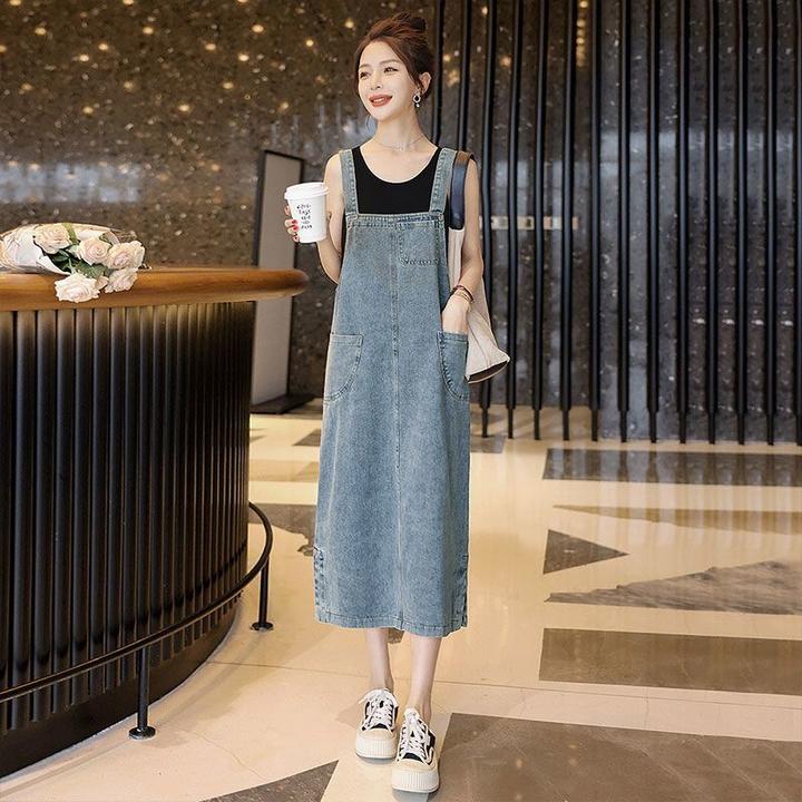 牛仔背带裙复古开叉设计感小众牛仔裙女2025夏季小个子收腰连衣