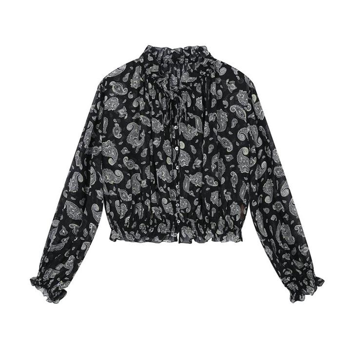 【F·J】桑蚕丝印花上衣立领高腰收褶浪漫法式衬衫FJ9835S