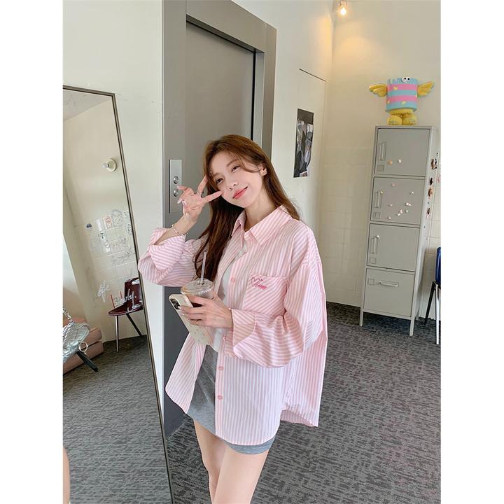 刺绣条纹衬衫外套女夏季防晒休闲衬衣宽松中长款开衫百搭上衣薄款