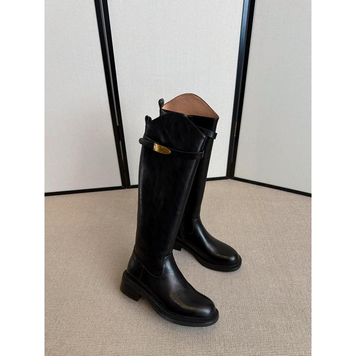 度卡奴大长腿~4cm真皮圆头侧拉炼斜口骑士靴女秋冬中粗跟长筒靴