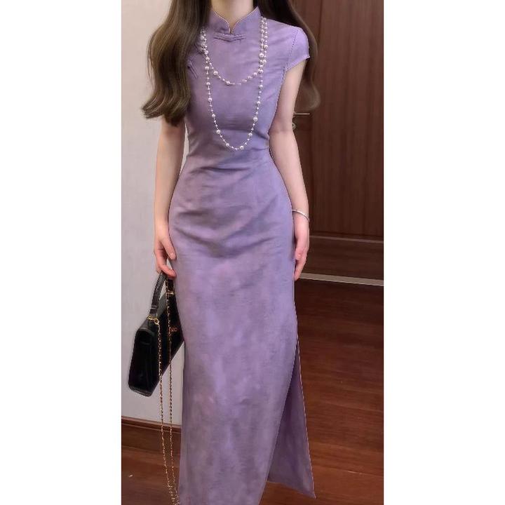 新中式国风紫色提花改良旗袍荐提花包臀连衣裙收腰气质开衩长裙