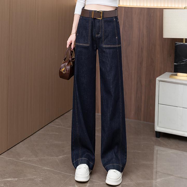 丹宁色窄版阔腿牛仔裤女士2025秋季新款高腰显瘦设计感休闲直筒裤