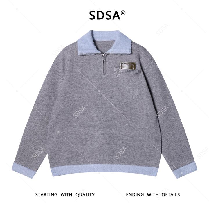 SDSA秋冬新款痞帅男装韩版口袋撞色半拉链翻领针织衫毛衣百搭