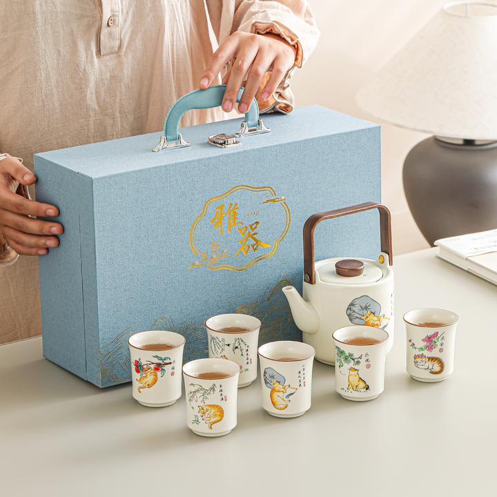 简约亚光定窑提梁壶功夫茶具茶水分离泡茶器具家用待客创意茶具