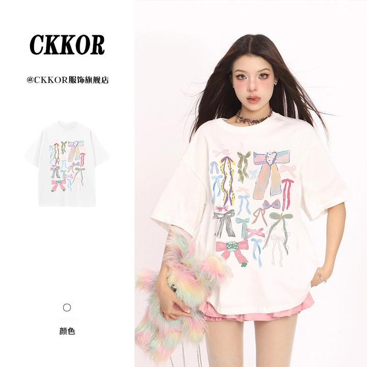 CKKOR夏季新款国潮短袖t恤女彩色蝴蝶结印花百搭显瘦圆领半袖上衣