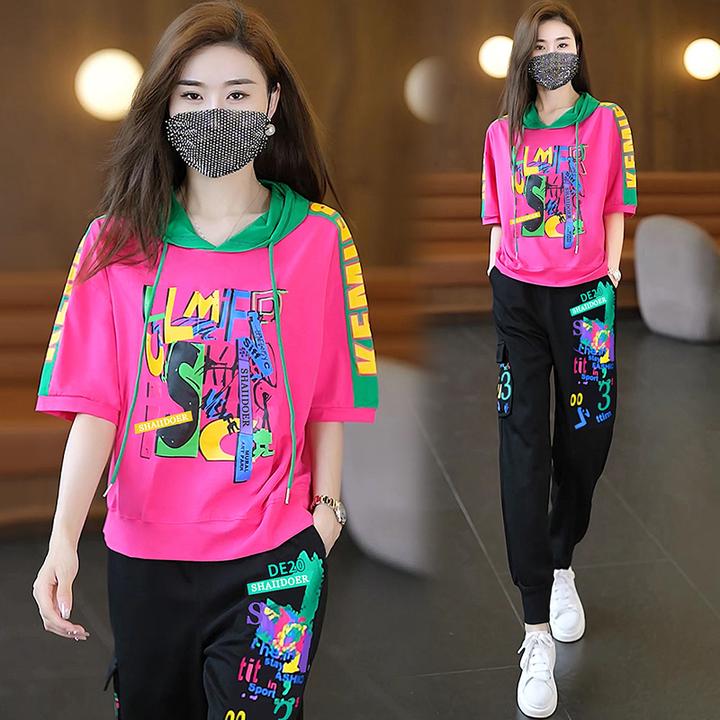 夏季薄款印花连帽短袖长裤时尚套装女新款宽松显瘦休闲运动两件套