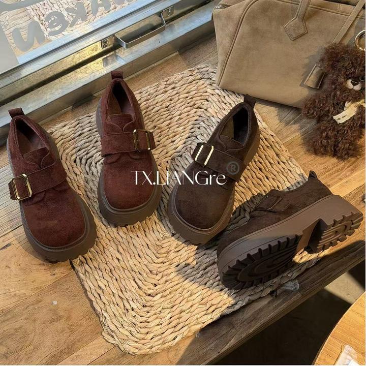 【梁小姐】秋冬氛围|厚底勃肯鞋2025新款复古圆头魔术贴乐福加绒女