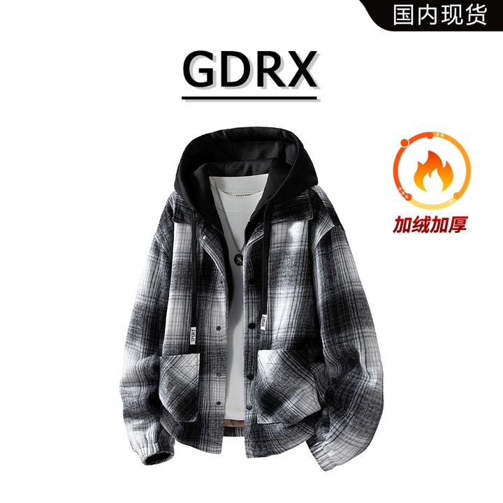 GDRX美式潮流男装格纹夹克2025冬季新款连帽加绒加厚休闲外套上衣