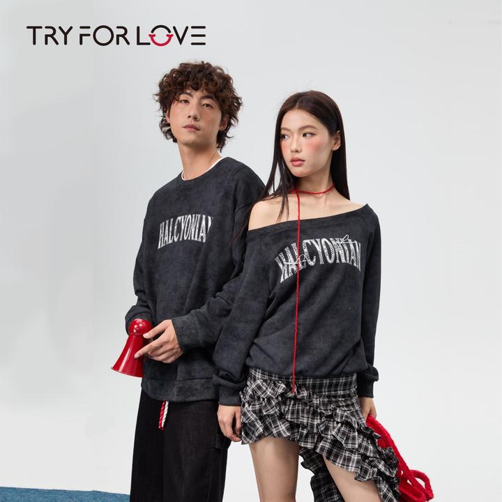 TRYFORLOVE秋季新款美式复古小众设计师情侣卫衣斜肩扎染长袖卫衣