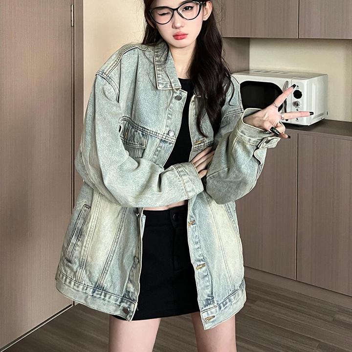 港味洗水牛仔外套女春秋休闲百搭设计感复古做旧宽松长袖夹克上衣