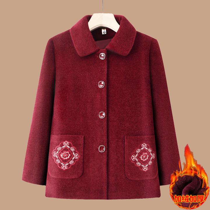 中老年人秋冬奶奶装翻领加绒加厚外套新款绣花老年人衣服妈妈大衣