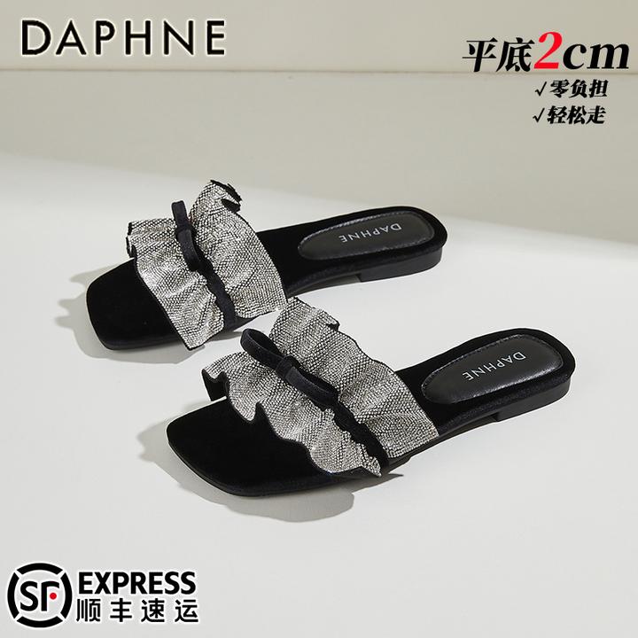 达芙妮蝴蝶结水钻外穿一字拖鞋2025夏季新款百搭方头露趾沙滩凉鞋