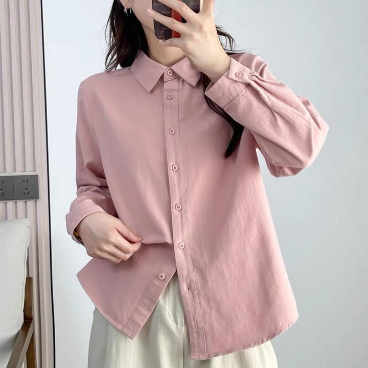 「100%棉 防卷边」纯棉磨毛厚款衬衫女百搭休闲纯色衬衣秋季女衬衣