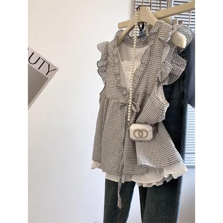 韩系chic假两件格子衬衫女夏款小飞袖娃娃衫独特系带蝴蝶结上衣薄