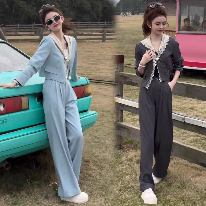 时尚套装女2025春季新款时髦洋气蕾丝拼接连帽外套阔腿裤两件套潮