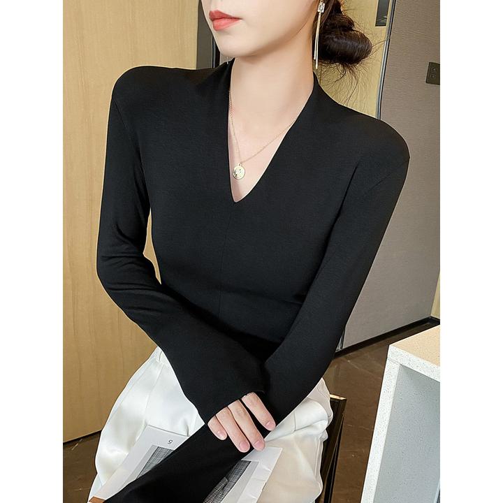 法式黑色V领打底衫女秋冬复古气质正肩高级感修身别致洋气T恤上衣